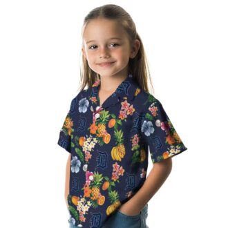Detroit Tigers Navy Blue Hawaiian Shirt with Hibiscus & Fruit - MLB Aloha Shirt for Fans