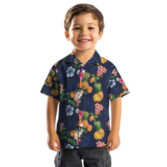 Detroit Tigers Navy Blue Hawaiian Shirt with Hibiscus & Fruit - MLB Aloha Shirt for Fans