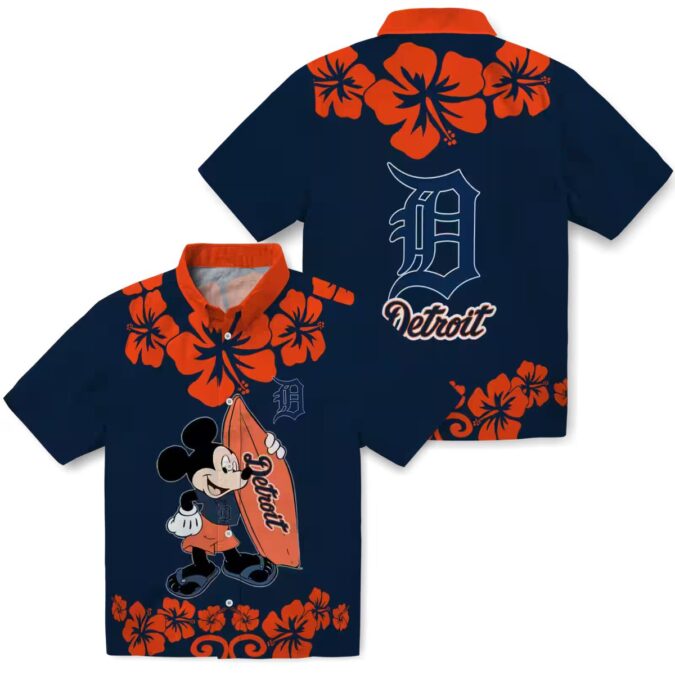 Detroit Tigers Surfing Mickey Navy Hawaiian Shirt - MLB Tropical Beach Shirt for Fans
