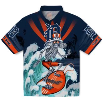 Detroit Tigers Surfing Skeleton Hawaiian Shirt - Custom Navy Blue MLB Beach Apparel