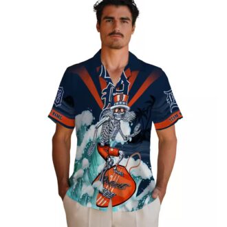 Detroit Tigers Surfing Skeleton Hawaiian Shirt - Custom Navy Blue MLB Beach Apparel