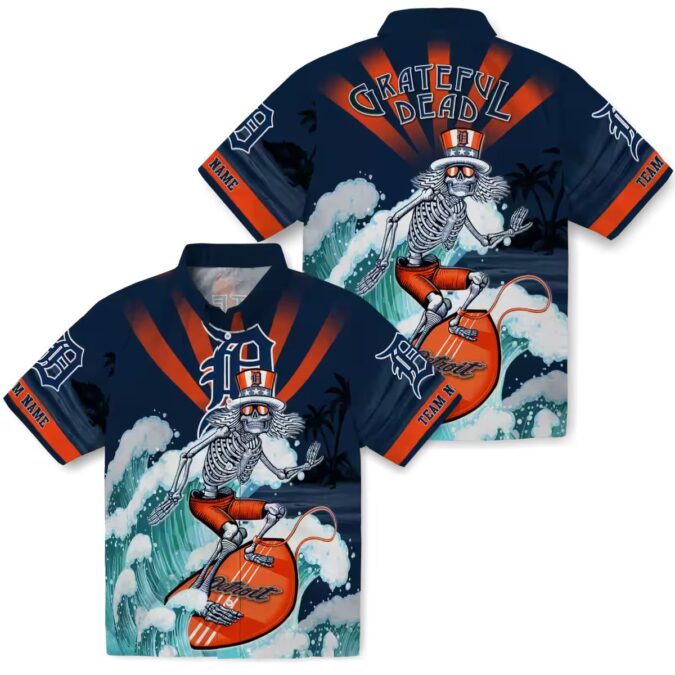 Detroit Tigers Surfing Skeleton Hawaiian Shirt - Custom Navy Blue MLB Beach Apparel