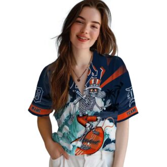 Detroit Tigers Surfing Skeleton Hawaiian Shirt - Custom Navy Blue MLB Beach Apparel