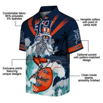 Detroit Tigers Surfing Skeleton Hawaiian Shirt - Custom Navy Blue MLB Beach Apparel