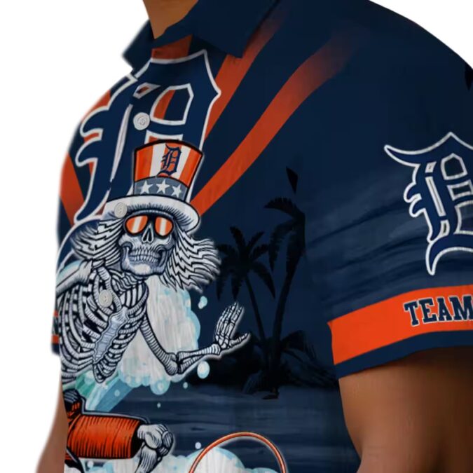 Detroit Tigers Surfing Skeleton Hawaiian Shirt - Custom Navy Blue MLB Beach Apparel