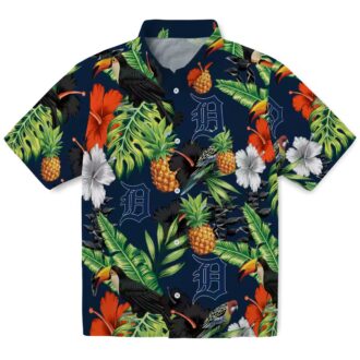 Detroit Tigers Aloha Style Hawaiian Shirt with Tropical Fruit & Hibiscus Flowers Design
