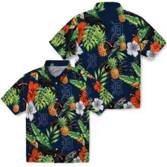 Detroit Tigers Aloha Style Hawaiian Shirt with Tropical Fruit & Hibiscus Flowers Design