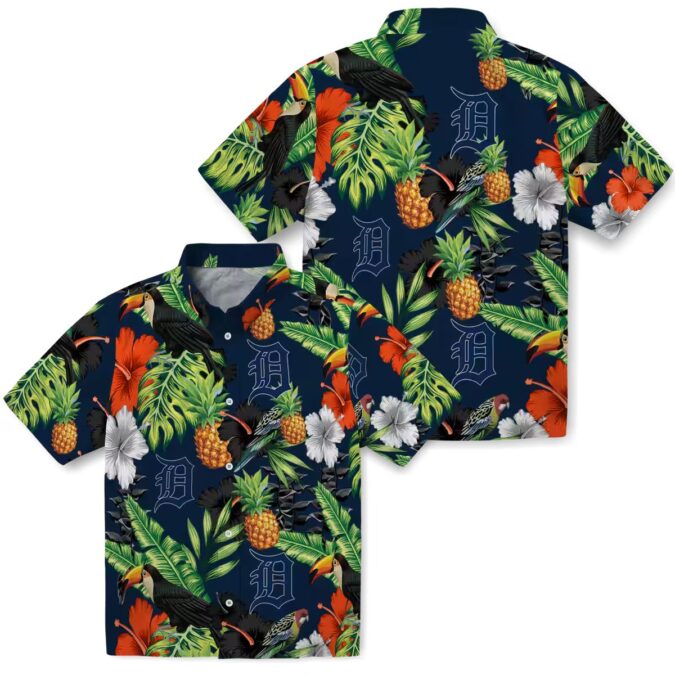 Detroit Tigers Aloha Style Hawaiian Shirt with Tropical Fruit & Hibiscus Flowers Design
