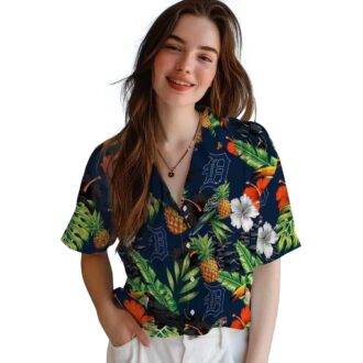 Detroit Tigers Aloha Style Hawaiian Shirt with Tropical Fruit & Hibiscus Flowers Design