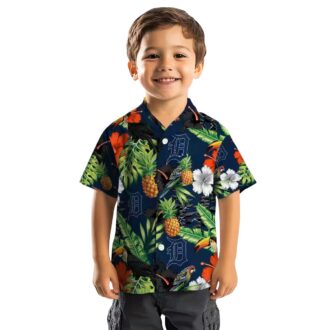 Detroit Tigers Aloha Style Hawaiian Shirt with Tropical Fruit & Hibiscus Flowers Design
