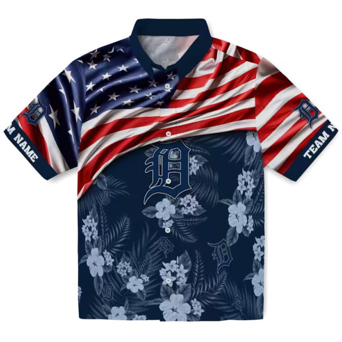 MLB Detroit Tigers US Flag Hibiscus Navy Hawaiian Shirt - Custom Aloha Tropical Shirt for Baseball Fans