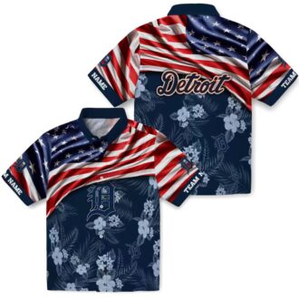 MLB Detroit Tigers US Flag Hibiscus Navy Hawaiian Shirt - Custom Aloha Tropical Shirt for Baseball Fans