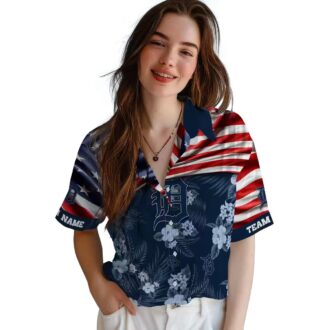 MLB Detroit Tigers US Flag Hibiscus Navy Hawaiian Shirt - Custom Aloha Tropical Shirt for Baseball Fans
