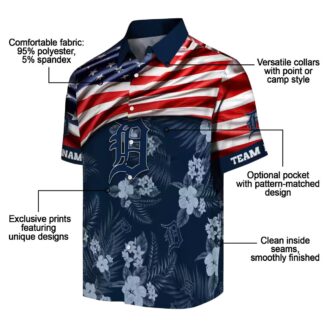 MLB Detroit Tigers US Flag Hibiscus Navy Hawaiian Shirt - Custom Aloha Tropical Shirt for Baseball Fans