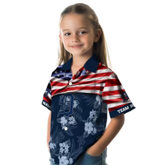 MLB Detroit Tigers US Flag Hibiscus Navy Hawaiian Shirt - Custom Aloha Tropical Shirt for Baseball Fans
