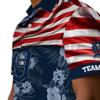 MLB Detroit Tigers US Flag Hibiscus Navy Hawaiian Shirt - Custom Aloha Tropical Shirt for Baseball Fans