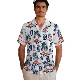 MLB Fans Detroit Tigers Tropical Hawaiian Shirt - Palm Island Print Navy White for Vacation