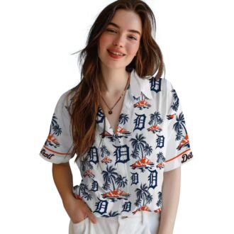 MLB Fans Detroit Tigers Tropical Hawaiian Shirt - Palm Island Print Navy White for Vacation