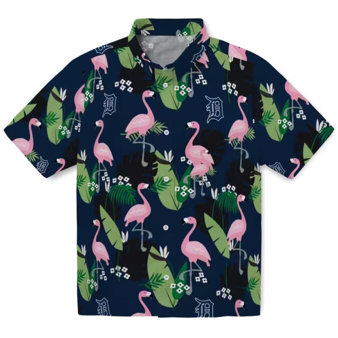 Official Detroit Tigers Navy Hawaiian Shirt - Flamingo Leaf Design Tropical Aloha Shirt for Fans