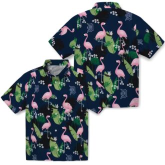 Official Detroit Tigers Navy Hawaiian Shirt - Flamingo Leaf Design Tropical Aloha Shirt for Fans