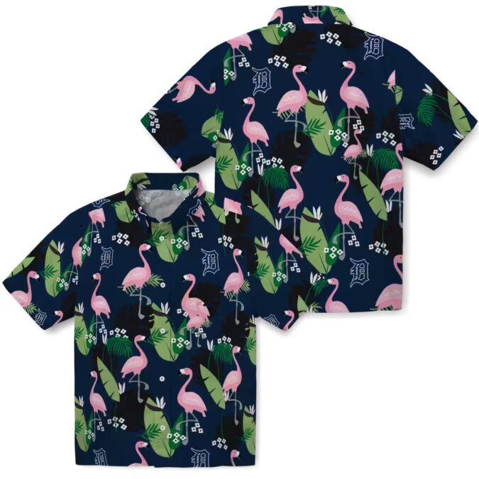 Official Detroit Tigers Navy Hawaiian Shirt - Flamingo Leaf Design Tropical Aloha Shirt for Fans