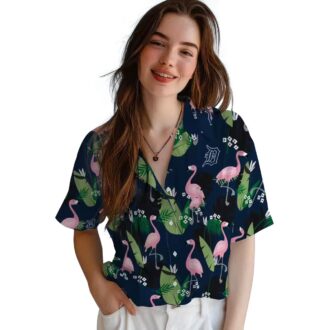 Official Detroit Tigers Navy Hawaiian Shirt - Flamingo Leaf Design Tropical Aloha Shirt for Fans