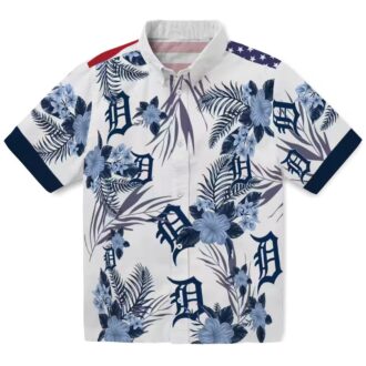 Patriotic Detroit Tigers Hawaiian Shirt - Hibiscus Design Navy White MLB Aloha Shirt