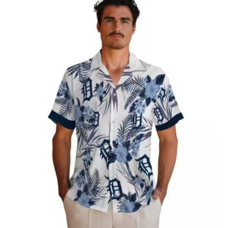 Patriotic Detroit Tigers Hawaiian Shirt - Hibiscus Design Navy White MLB Aloha Shirt