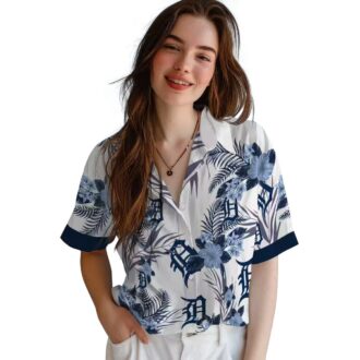Patriotic Detroit Tigers Hawaiian Shirt - Hibiscus Design Navy White MLB Aloha Shirt