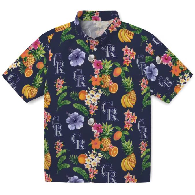 Colorado Rockies Hibiscus and Fruit Navy Blue Hawaiian Shirt - MLB Tropical Shirt for Fans