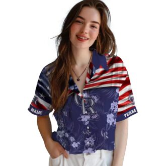 Custom Colorado Rockies US Flag Hawaiian Shirt - Hibiscus Blue Beach Shirt for MLB Fans