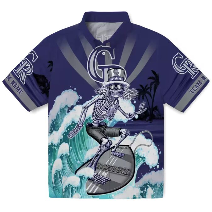 Custom MLB Colorado Rockies Surfing Skeleton Hawaiian Shirt - Blue Aloha Shirt for Summer Beach & Baseball Fans