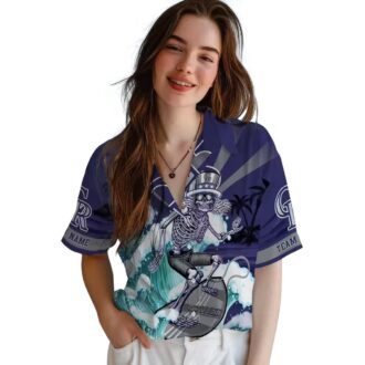 Custom MLB Colorado Rockies Surfing Skeleton Hawaiian Shirt - Blue Aloha Shirt for Summer Beach & Baseball Fans