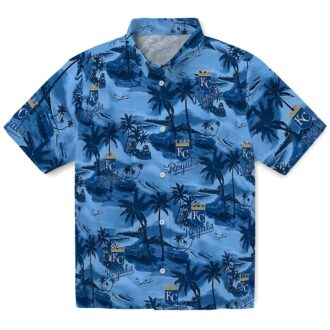 Kansas City Royals MLB Fan Hawaiian Shirt - Royal Blue Sunset & Hibiscus Print
