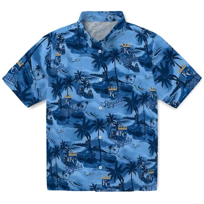 Kansas City Royals MLB Fan Hawaiian Shirt - Royal Blue Sunset & Hibiscus Print