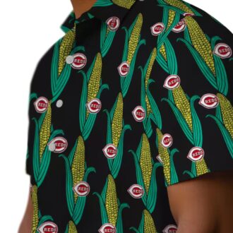 Cincinnati Reds Corn Motifs Hawaiian Shirt - Black & Green MLB Baseball Shirt for Fans