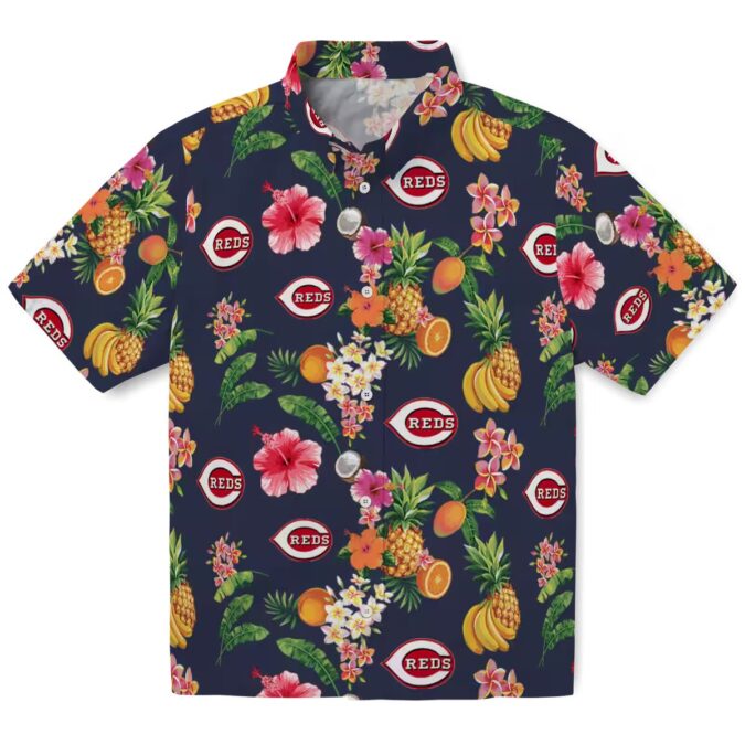 Cincinnati Reds Hibiscus and Fruit Navy Blue Hawaiian Shirt - MLB Fan Gear for Summer