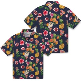Cincinnati Reds Hibiscus and Fruit Navy Blue Hawaiian Shirt - MLB Fan Gear for Summer