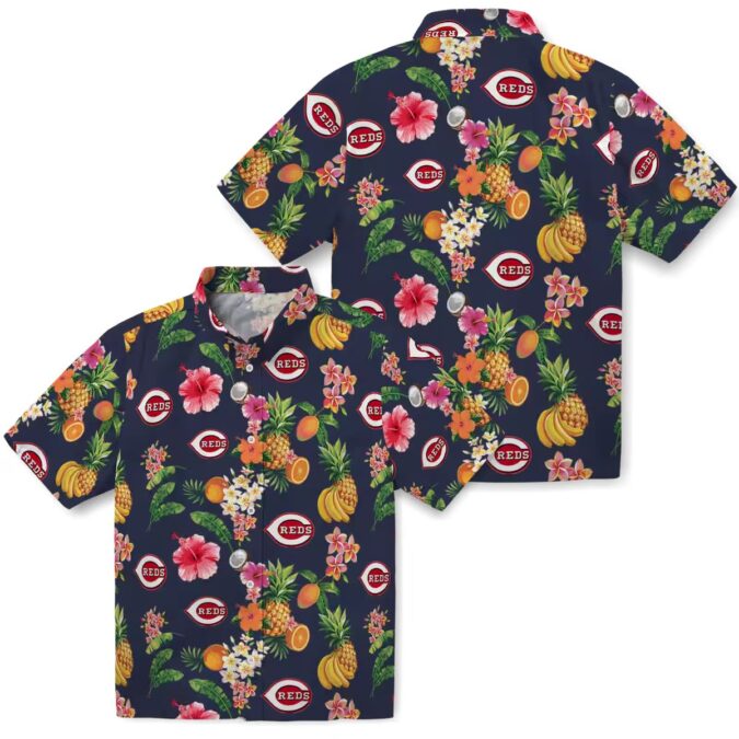 Cincinnati Reds Hibiscus and Fruit Navy Blue Hawaiian Shirt - MLB Fan Gear for Summer