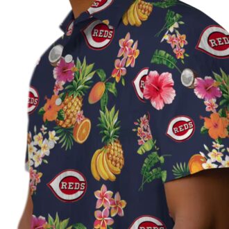 Cincinnati Reds Hibiscus and Fruit Navy Blue Hawaiian Shirt - MLB Fan Gear for Summer