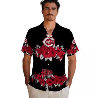 Cincinnati Reds Hibiscus Stripe Hawaiian Shirt - Red & Black MLB Team Apparel for Summer