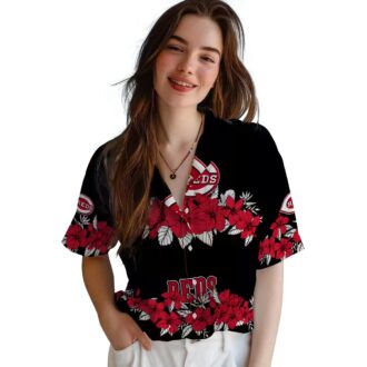 Cincinnati Reds Hibiscus Stripe Hawaiian Shirt - Red & Black MLB Team Apparel for Summer