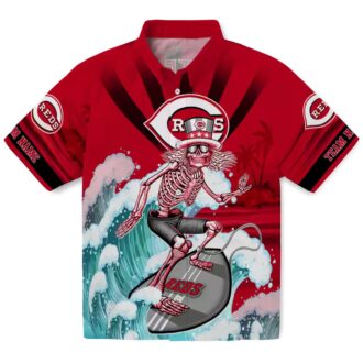 Cincinnati Reds Surfing Skeleton Hawaiian Shirt - Custom Red & Blue MLB Beachwear
