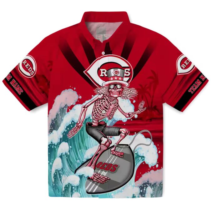 Cincinnati Reds Surfing Skeleton Hawaiian Shirt - Custom Red & Blue MLB Beachwear