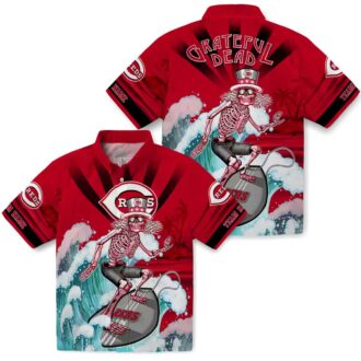 Cincinnati Reds Surfing Skeleton Hawaiian Shirt - Custom Red & Blue MLB Beachwear