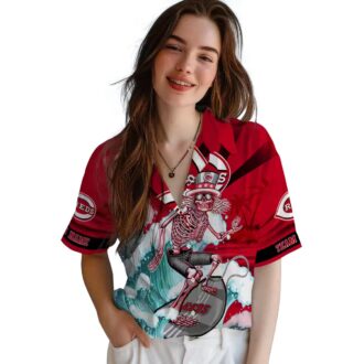 Cincinnati Reds Surfing Skeleton Hawaiian Shirt - Custom Red & Blue MLB Beachwear