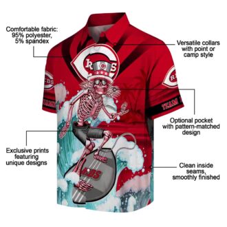 Cincinnati Reds Surfing Skeleton Hawaiian Shirt - Custom Red & Blue MLB Beachwear