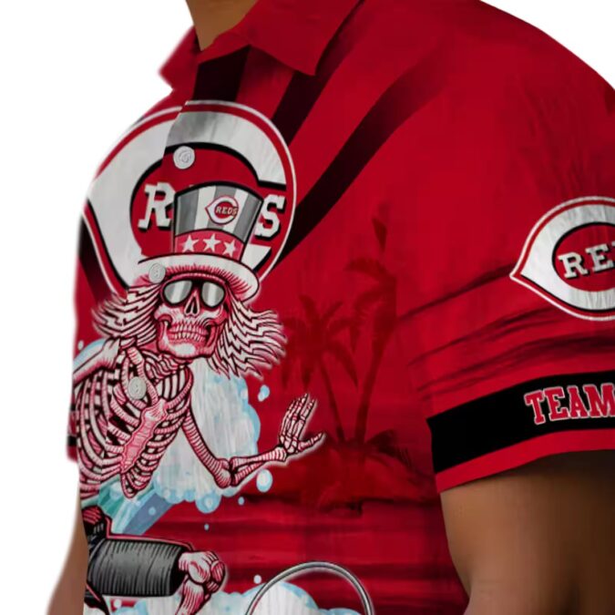 Cincinnati Reds Surfing Skeleton Hawaiian Shirt - Custom Red & Blue MLB Beachwear