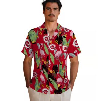 Flamingo Leaves Red Hawaiian Shirt with Cincinnati Reds Logo - MLB Fan Tropical Summer Shirt