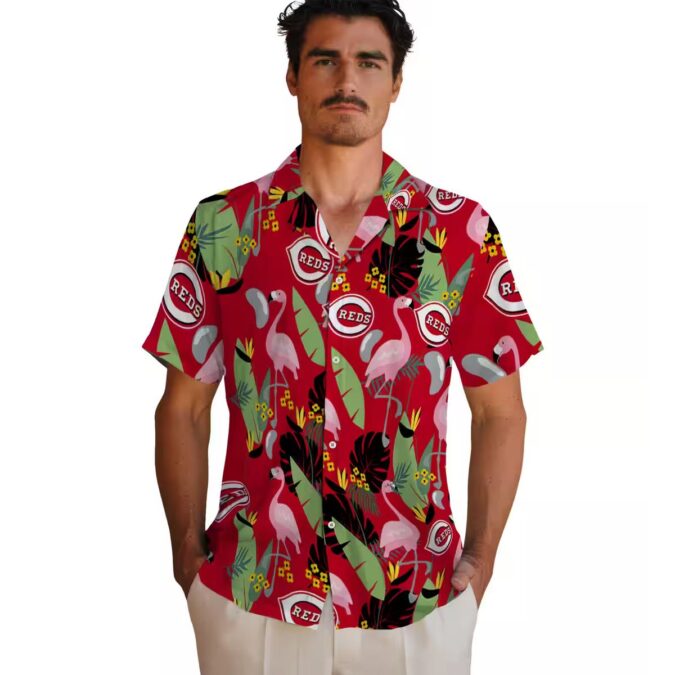 Flamingo Leaves Red Hawaiian Shirt with Cincinnati Reds Logo - MLB Fan Tropical Summer Shirt